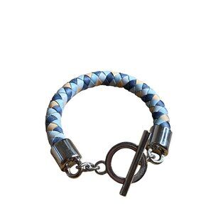 Braided Faux Leather Bracelet Blue Navy Orange Silvertone Toggle Clasp 7 inches